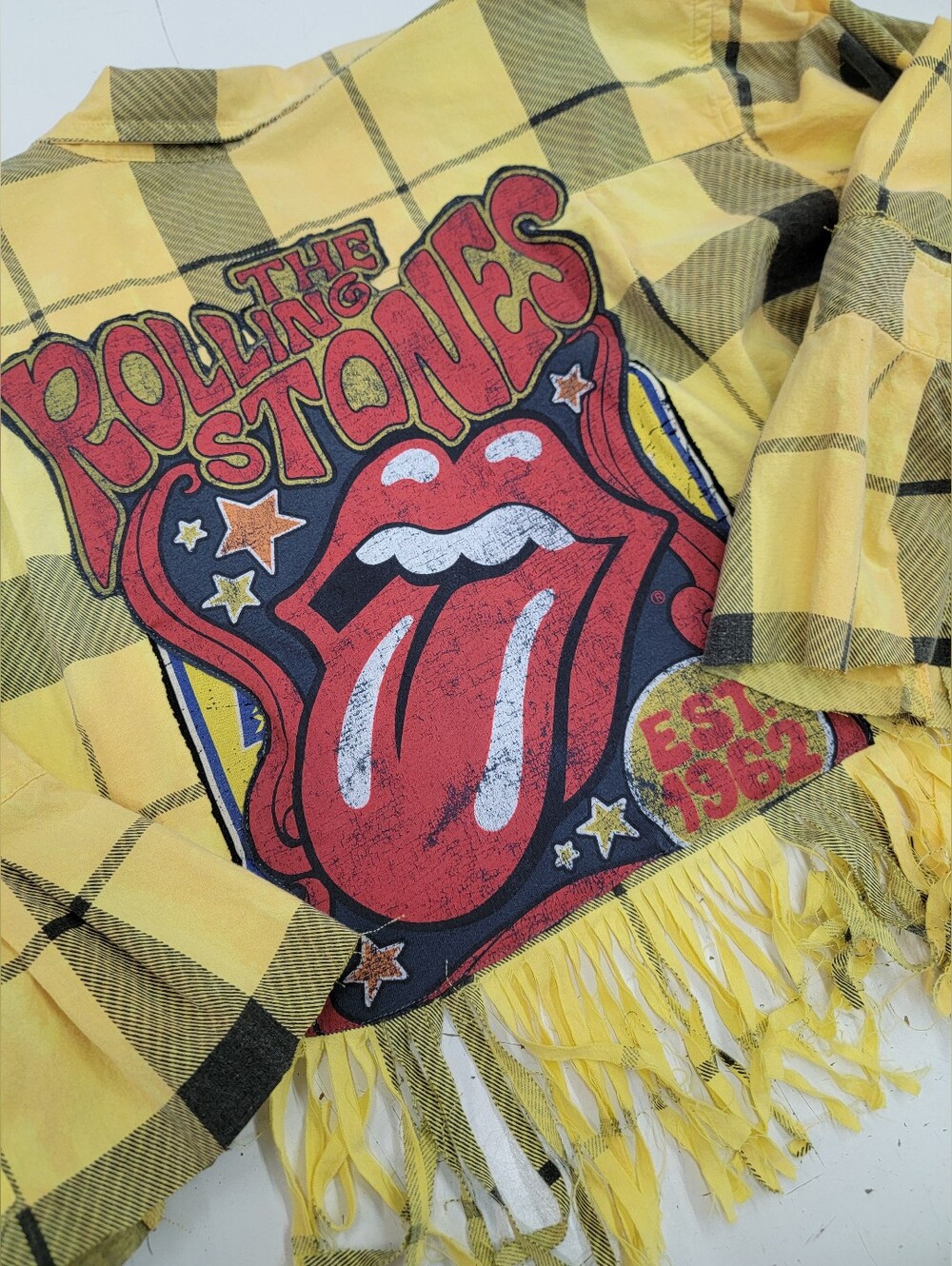 The Rolling Stones Plaid Fringe Shirt Jacket Shacket Upcycled - Picture 4 of 7